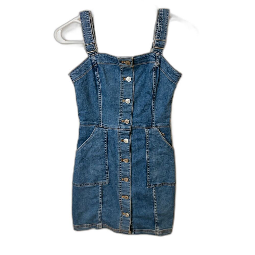 Divided H&M Denim Button Front Overall Mini Dress Womens Size 4 Adjustable